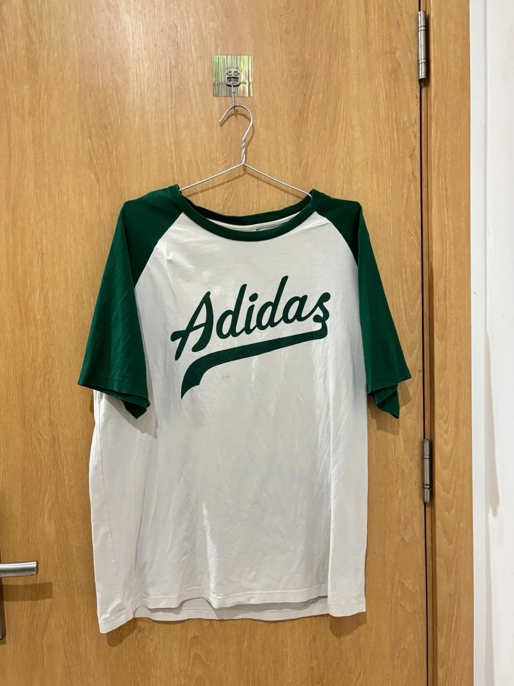 adidas White and Green Raglan Baseball Tee